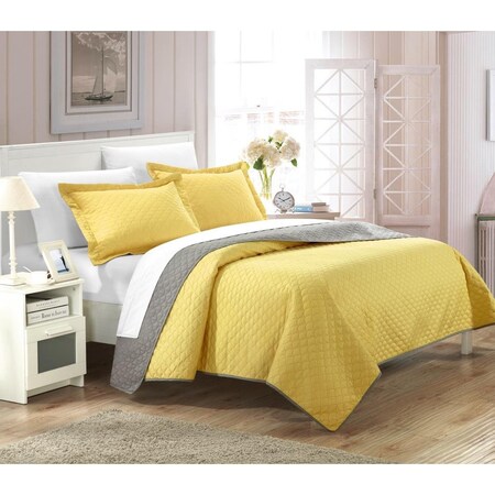 Chic Home QS3372-US Jasper Reversible Color Block Modern Quilt Set - Yellow - King - 3 Piece